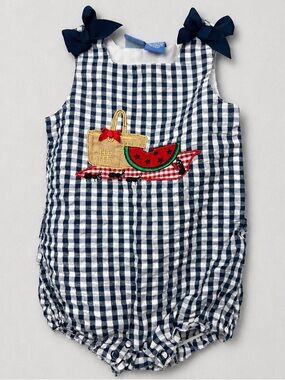 Kid Crew navy gingham Searsucker bubble romper with picnic appliqué 12 months